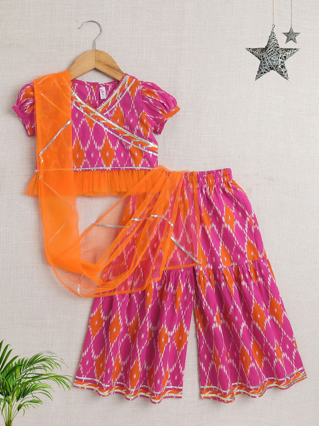 

The Magic Wand Girls Embroidered Angrakha Gotta Patti Kurta With Sharara & Dupatta, Fuchsia