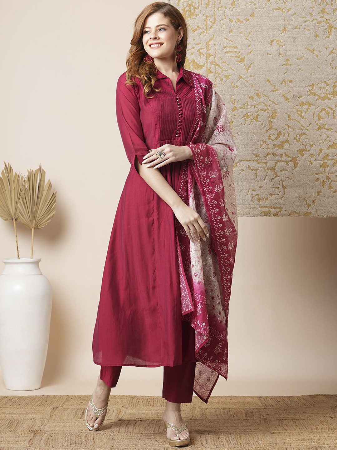 

FASHOR A-Line Sequinned Kurta with Trousers & Dupatta, Maroon