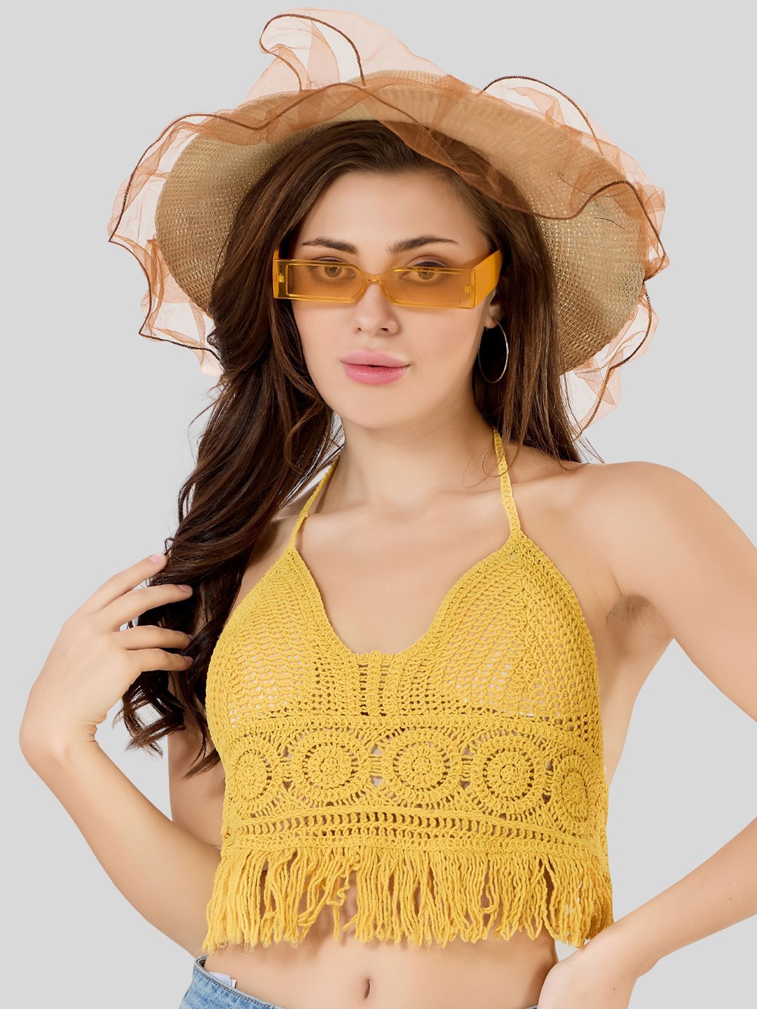 

Fabme Women Shoulder Straps Crochet Top, Yellow