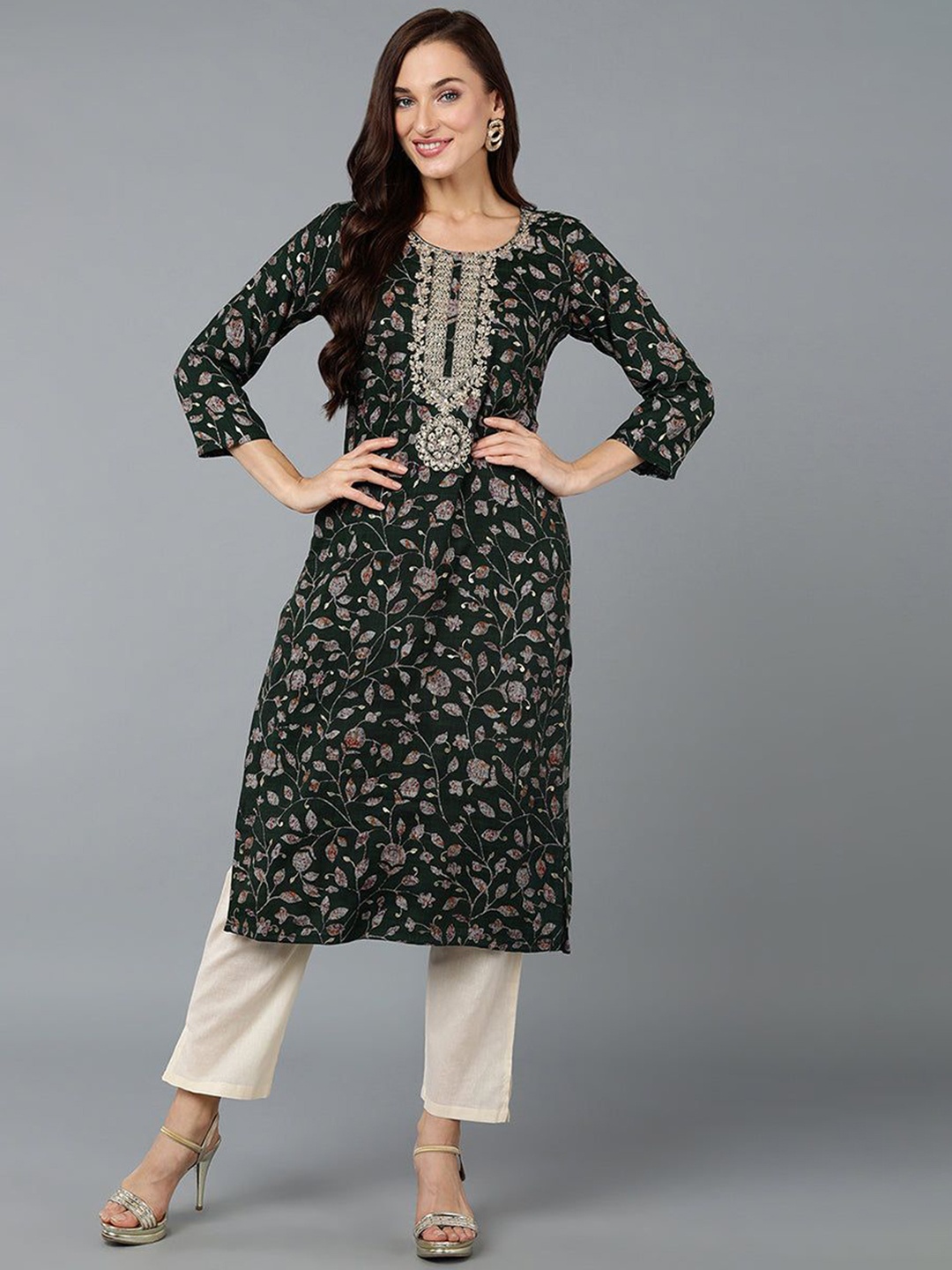 

KALINI Floral Printed Zari Work Straight Kurta, Green