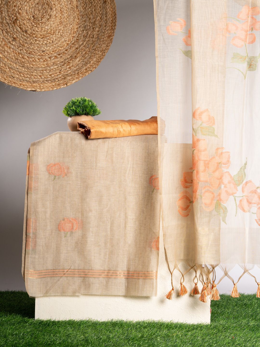 

GAJARAI Floral Woven Design Pure Cotton Unstitched Dress Material, Peach