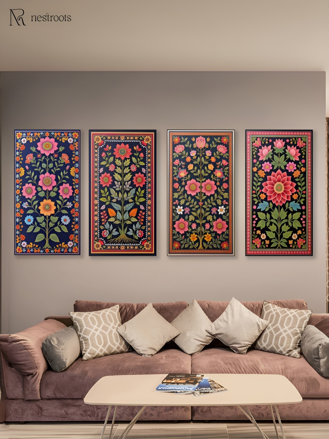 

nestroots Pink & Orange 4 Pieces Floral Printed Canvas Paintings Wall Arts