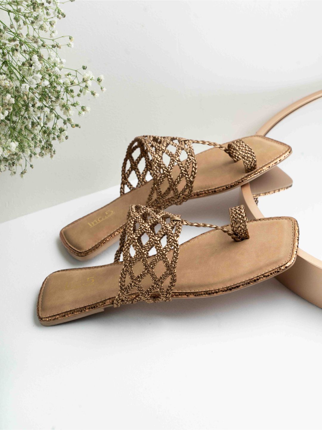 

Inc 5 Women Square Toe Striped Ethnic Fashion Flats, Gold