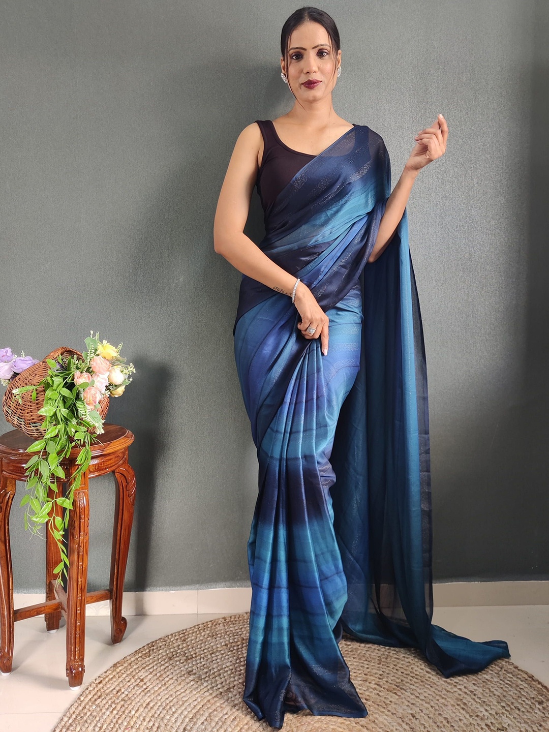 

V3 FASHION STUDIO Striped Ready to Wear Satin Saree, Blue