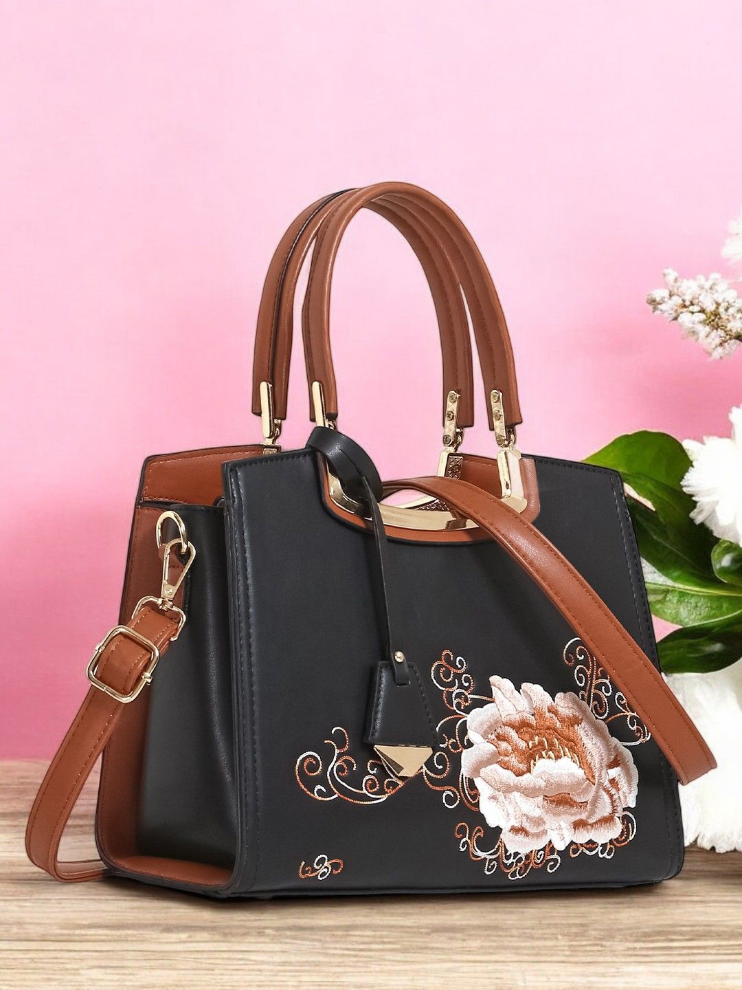 

Exotic Women Floral Printed Structured Handheld Bag, Black