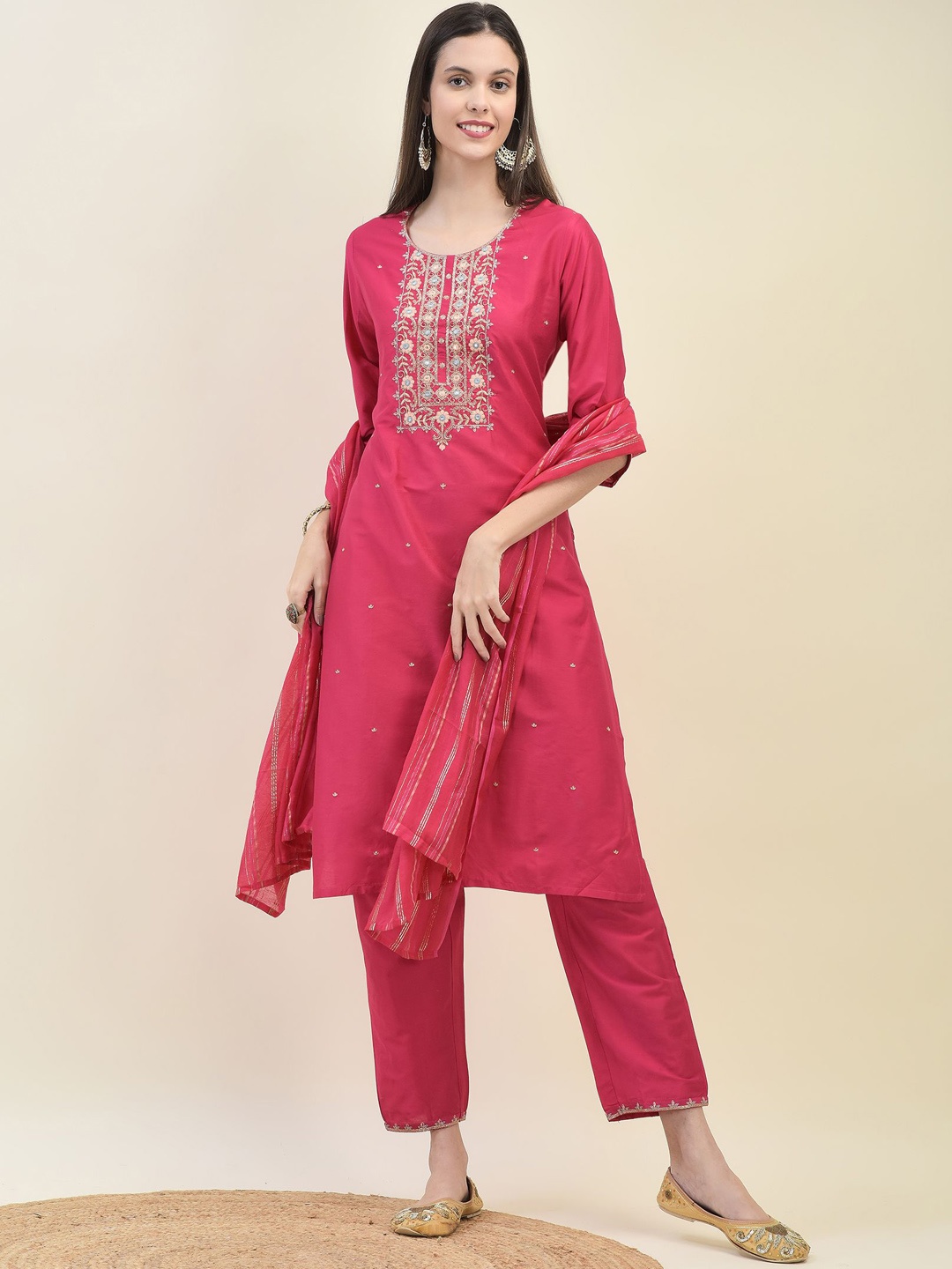 

Shree Floral Embroidered Round Neck Regular Mirror Work Kurta With Trouser With Dupatta, Fuchsia