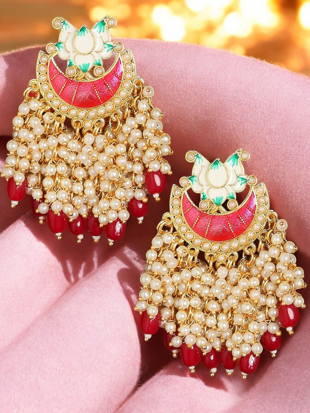 

OOMPH Beaded Meenakari Dome Shaped Drop Earrings, Pink