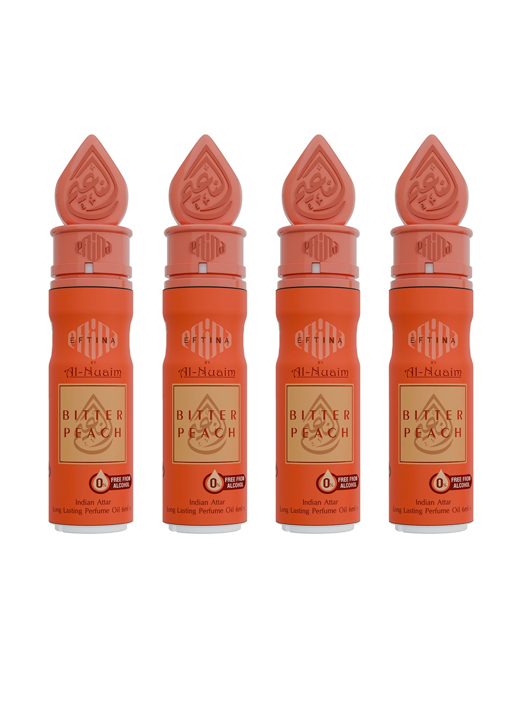 

Al-Nuaim Set of 4 Bitter Peach Alcohol Free Long Lasting Attar - 6 ml each, Orange