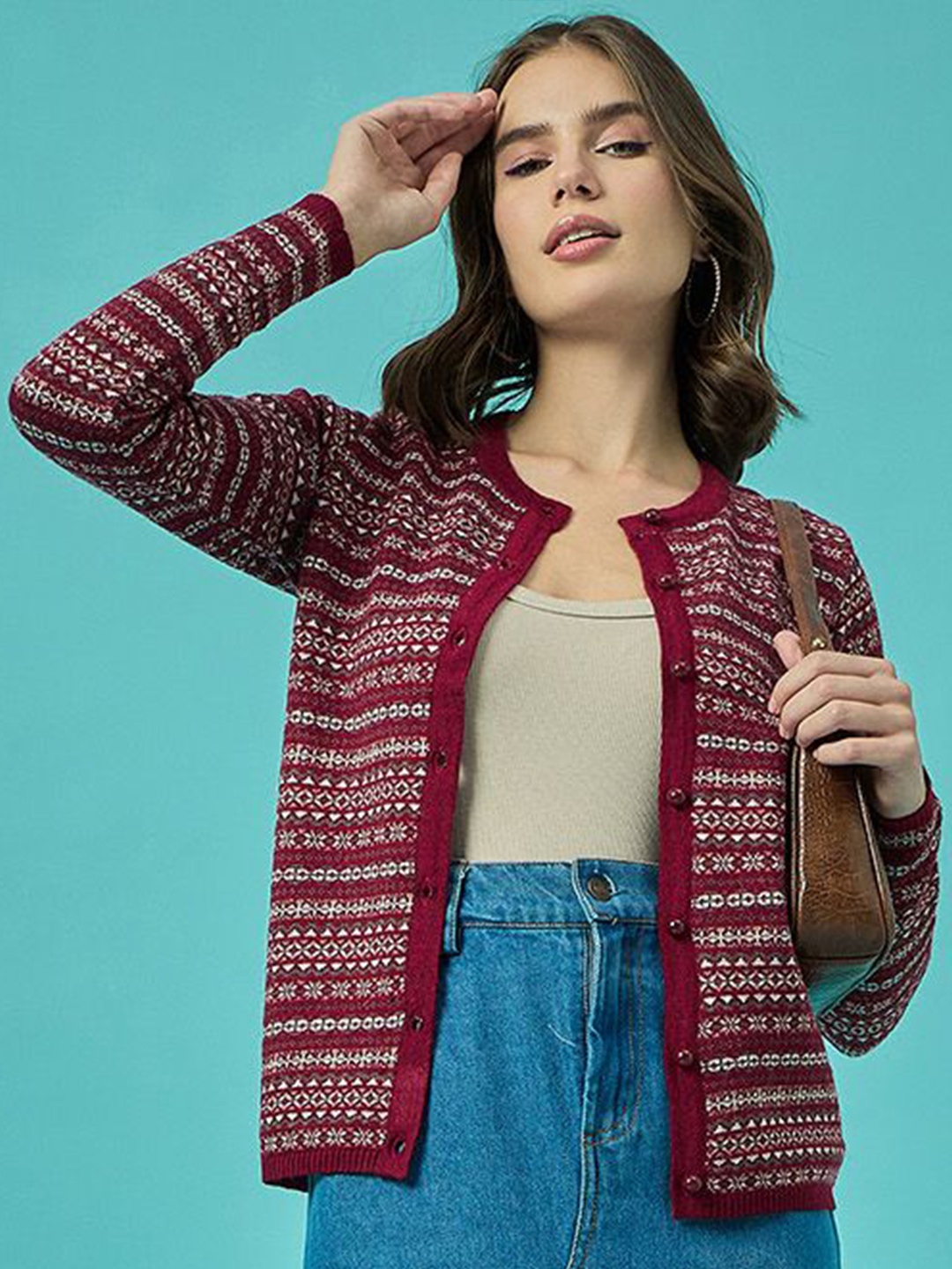 

CLAPTON Women Printed Woollen Cardigan, Maroon