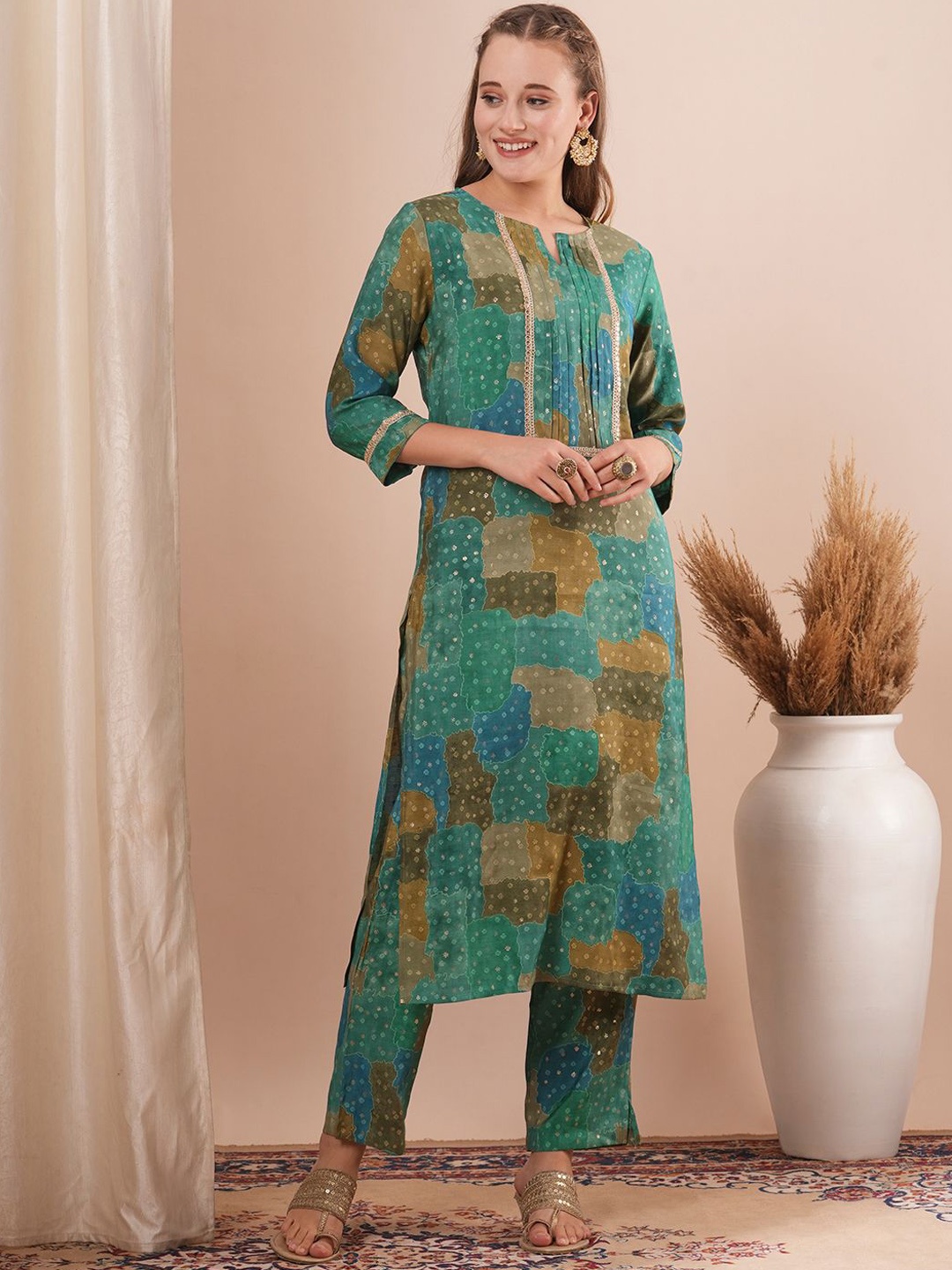 

FASHOR Printed Notch Neck Tunic With Trousers, Blue