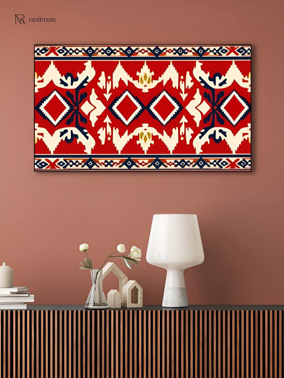 

nestroots Red & White Elegant Ikat Printed Canvas Wall Art