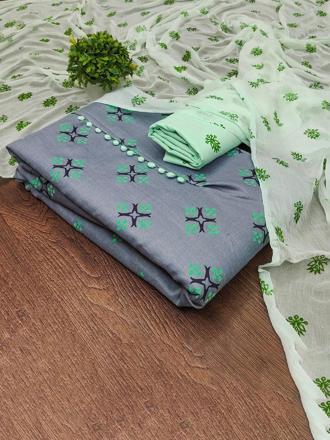 

KALINI Geometric Printed Unstitched Dress Material, Green