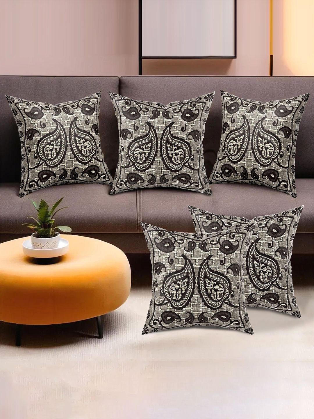 

Kuber Industries Black & White 5 Pieces Ethnic Motifs Square Cushion Covers