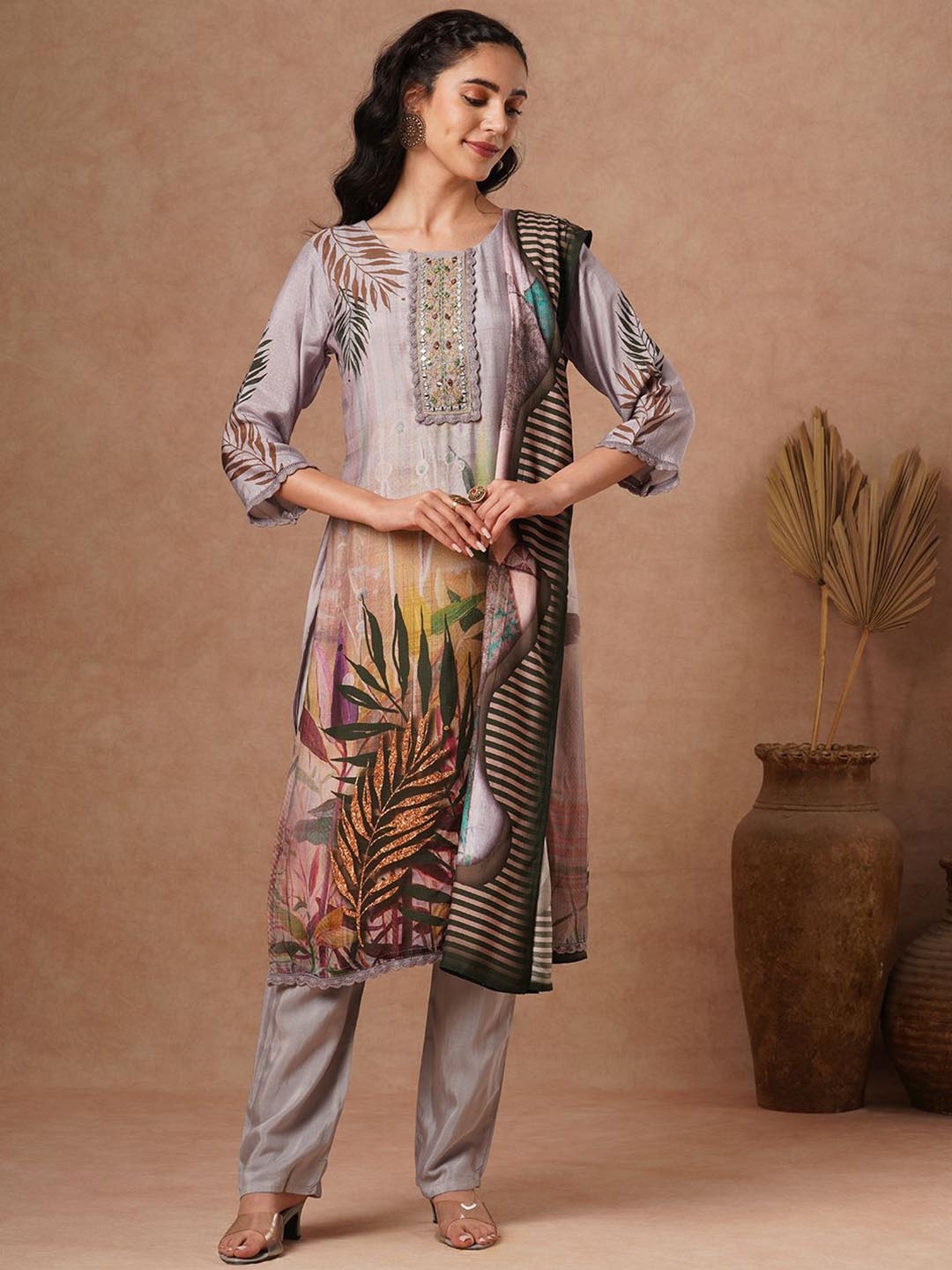 

FASHOR Floral Printed Straight Mirror Work Kurta with Trousers & Dupatta, Grey