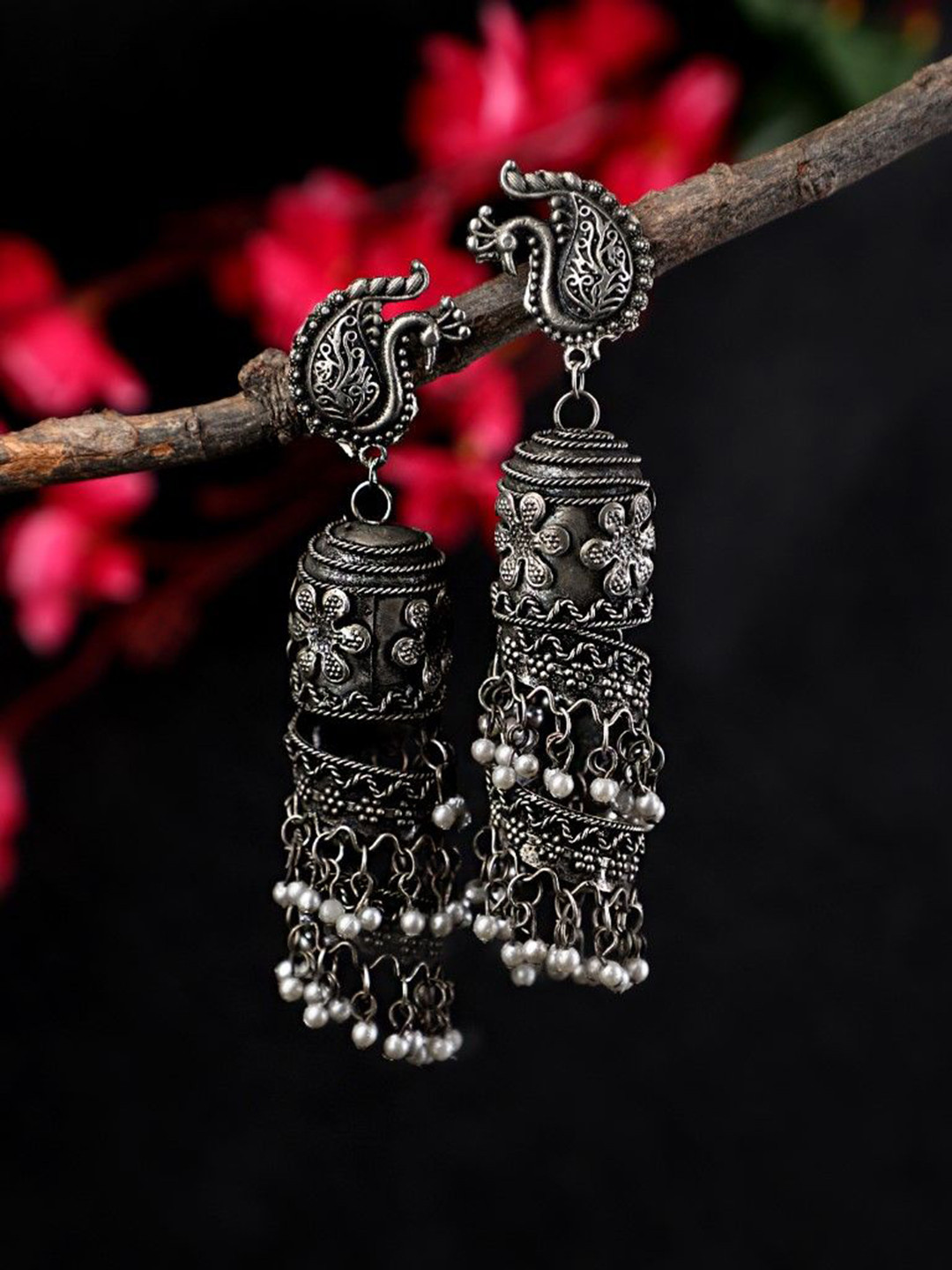 

CARDINAL Peacock Shaped Jhumkas Earrings, Silver
