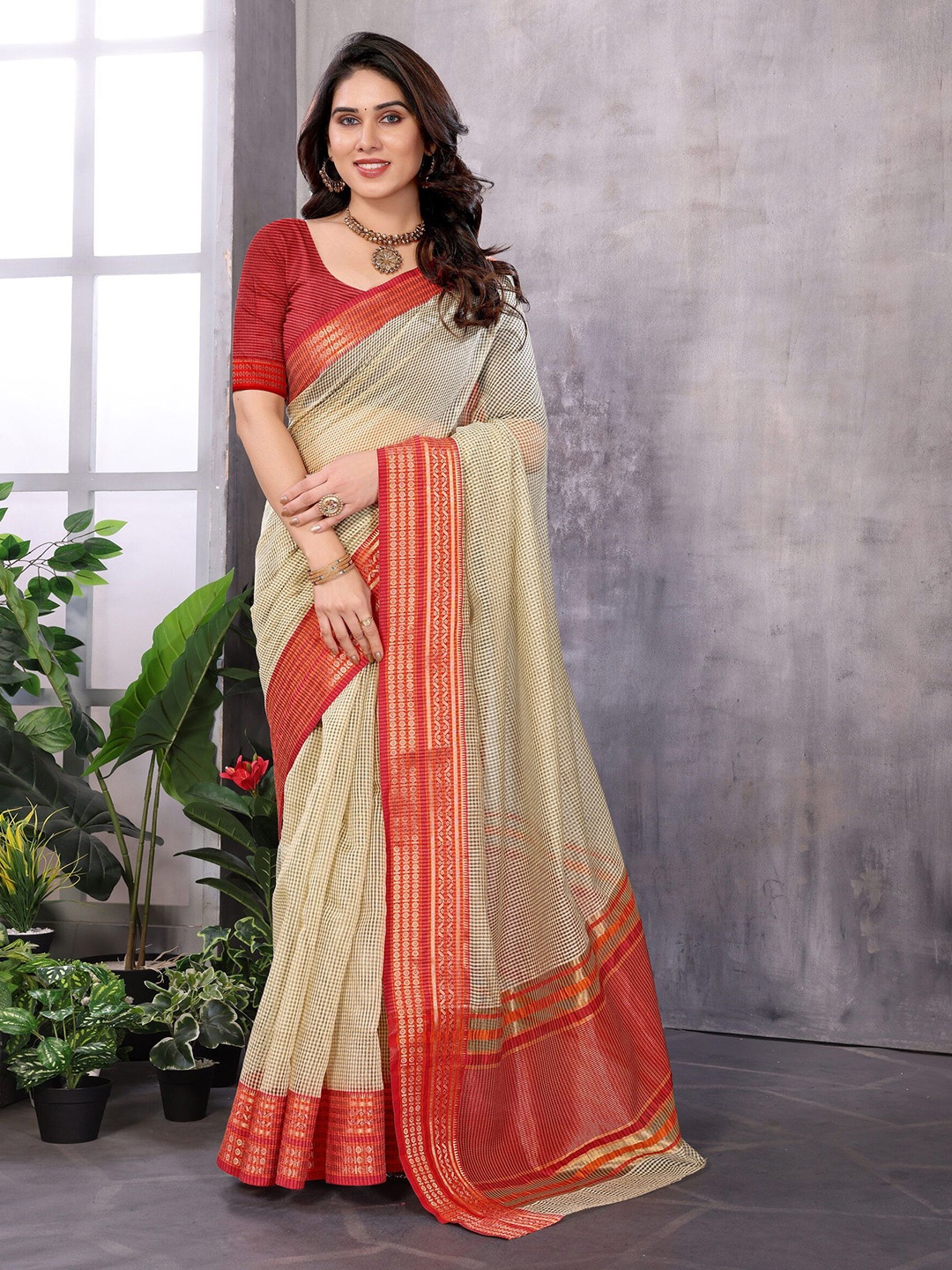 

Sidhidata Woven Design Checked Zari Kota Saree, Cream