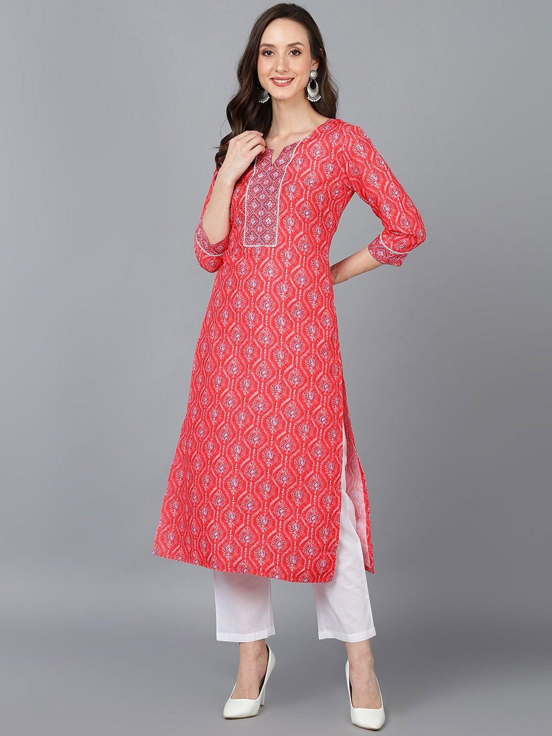 

AHIKA Red Ethnic Motifs Printed Notch Neck Straight Kurta