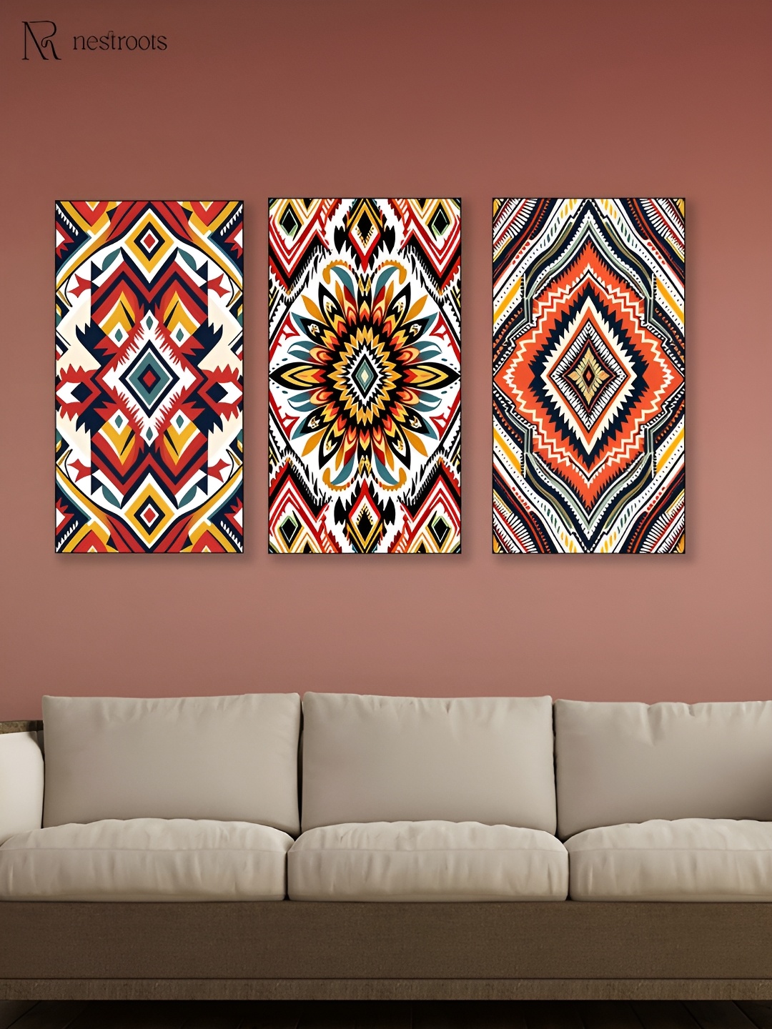 

nestroots White & Brown 3 Pieces Vibrant Tribal Pattern Printed Canvas Wall Art