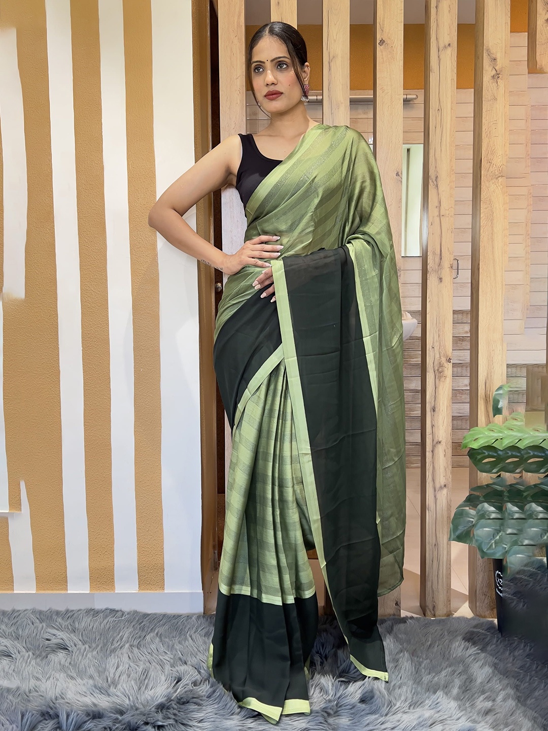 

V3 FASHION STUDIO Pure Chiffon Striped Ready to Wear Saree, Green