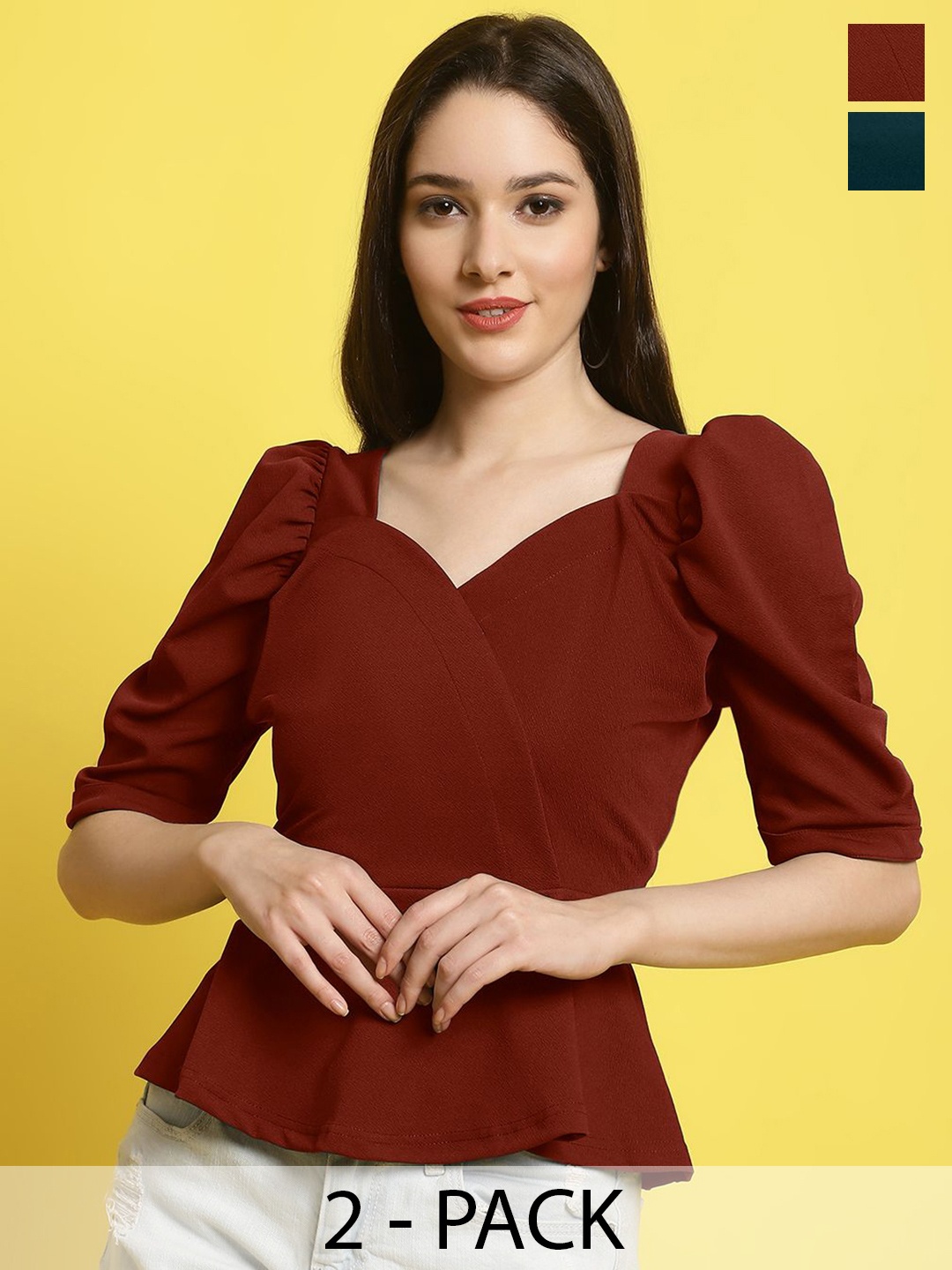 

Metronaut Women Pack Of 2 Sweetheart Neck Crop Top, Burgundy