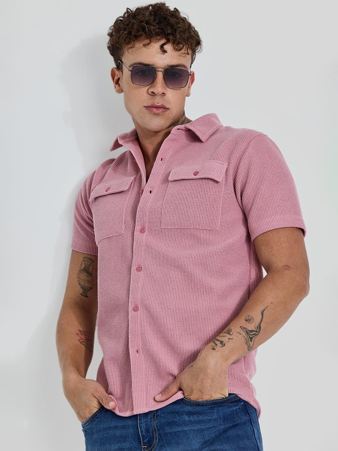 

Snitch Men Smart Spread Collar Textured Casual Shirt, Pink