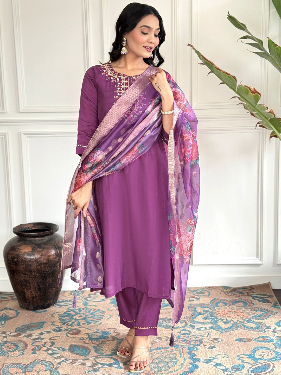 

KALINI Floral Embroidered Thread Work Chanderi Silk Kurta with Trouser & Dupatta, Purple