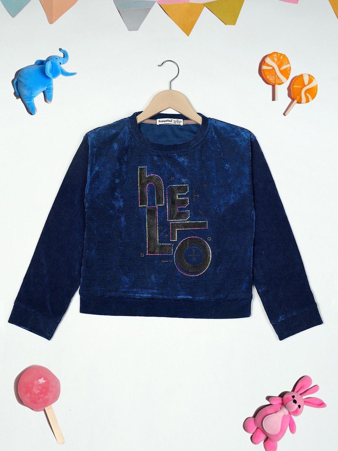 

PAMPOLINA Girls Self Design Sweatshirt, Navy blue