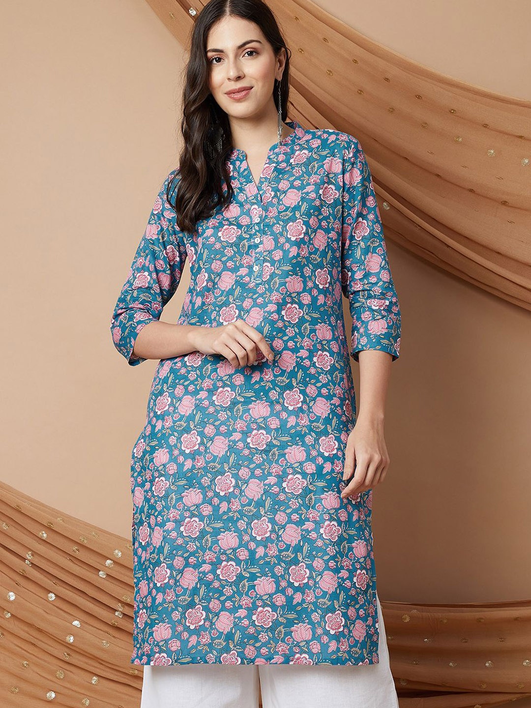 

Melange by Lifestyle Floral Printed Mandarin Collar Cotton Straight Kurta, Blue