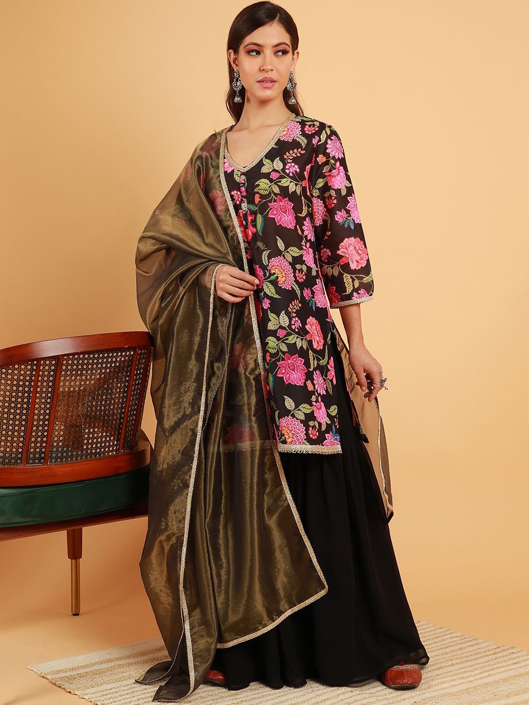 

QISSA Floral Printed Sequinned Kurti with Sharara & Dupatta, Black