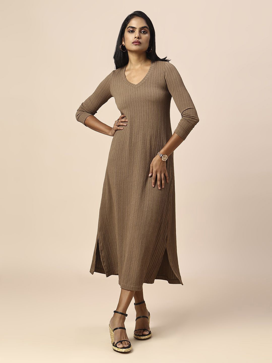 

Chemistry Women Striped A-Line Midi Dress, Tan