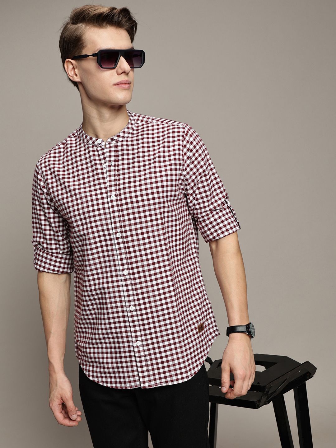 

The Roadster Lifestyle Co. Men Premium Band Collar Gingham Checked Cotton Casual Shirt, Maroon