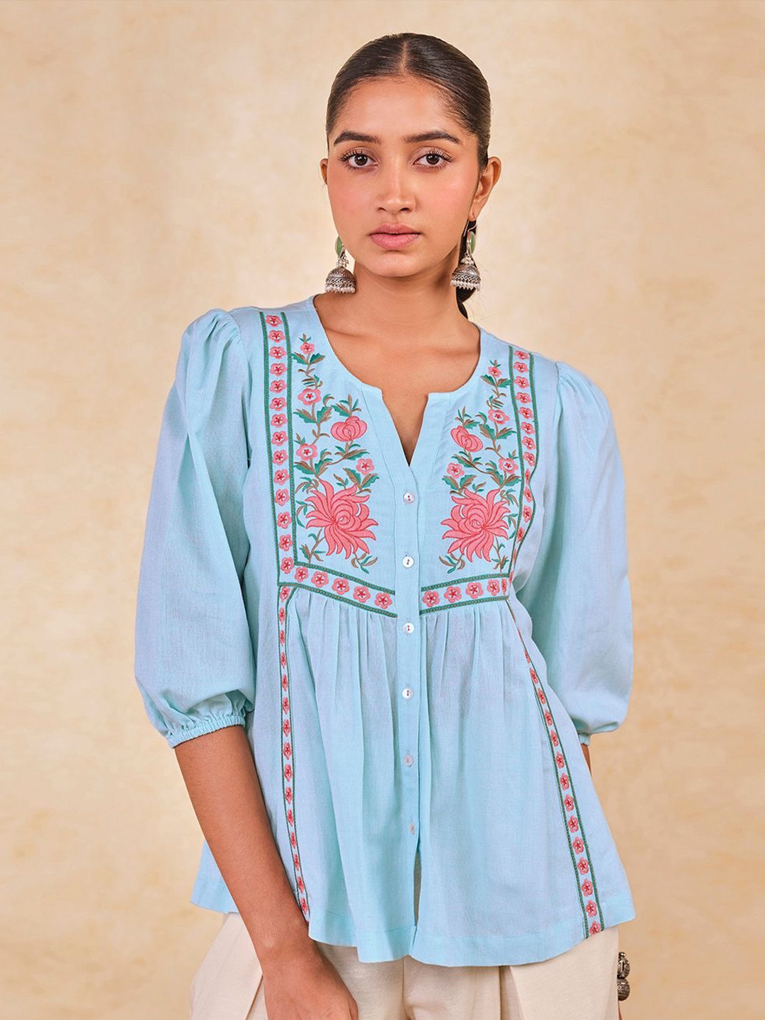 

Global Desi Women Floral Embroidered A-Line Regular Top, Blue