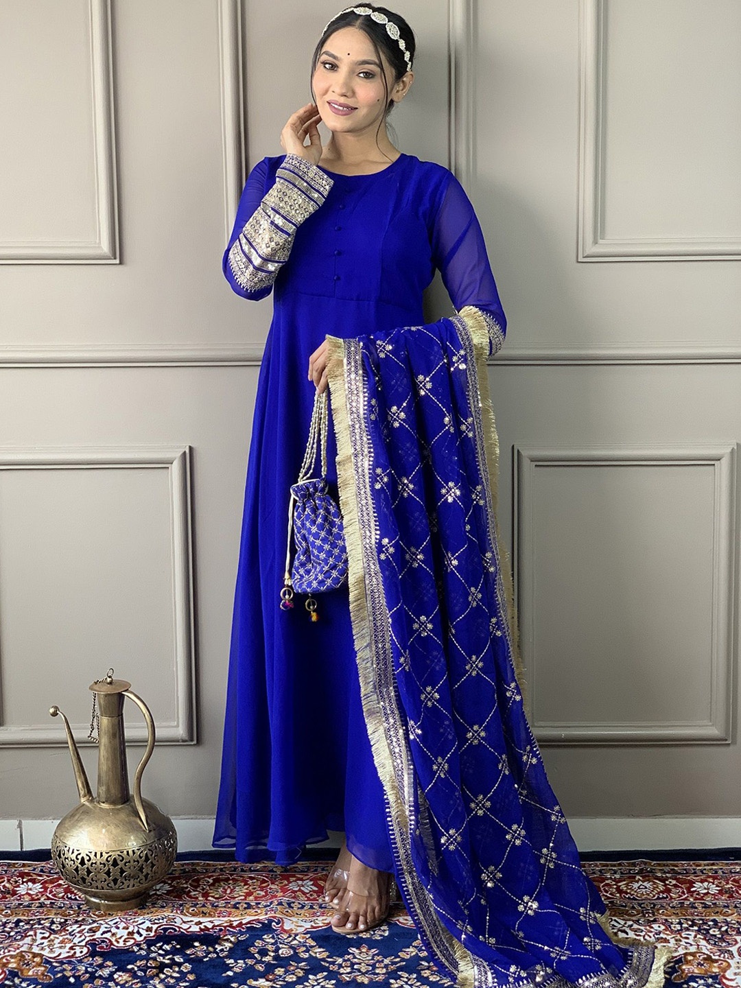 

KALINI Round Georgette Anarkali Kurta With Trousers & Dupatta, Blue