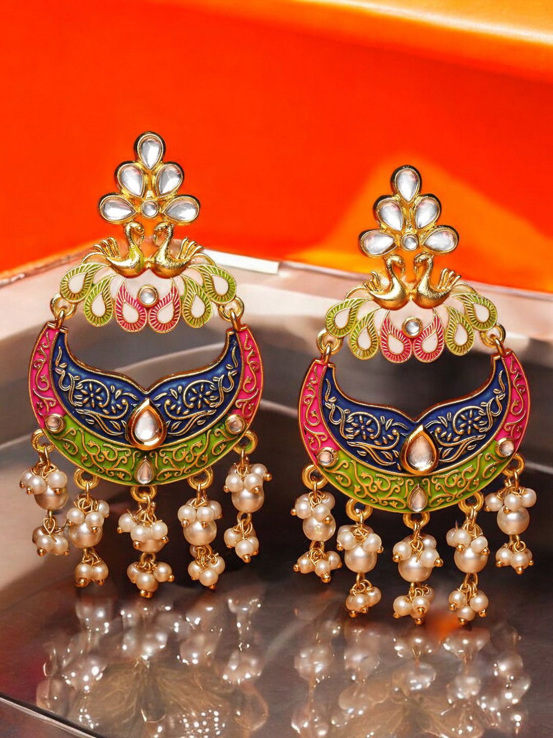 

OOMPH Kundan Studded Peacock Shaped Meenakari Chandbalis, Green