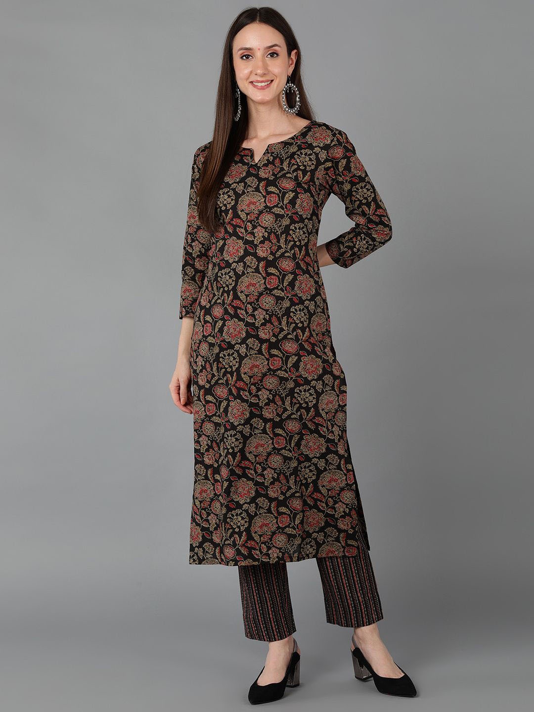 

KALINI Floral Printed Pure Cotton Straight Kurta, Black
