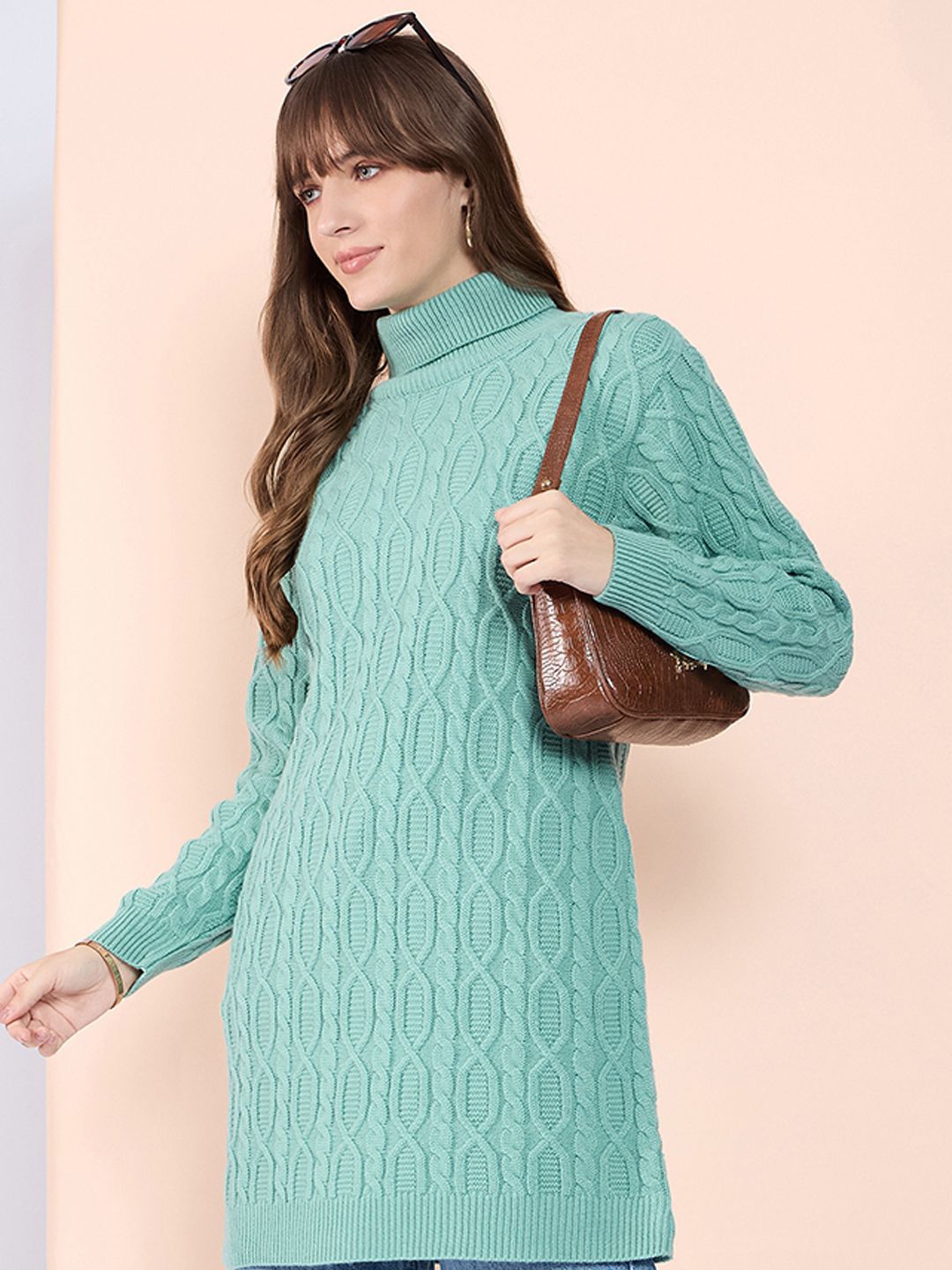 

CLAPTON Women Cable Knit Woollen Long Sleeves Longline Pullover, Green