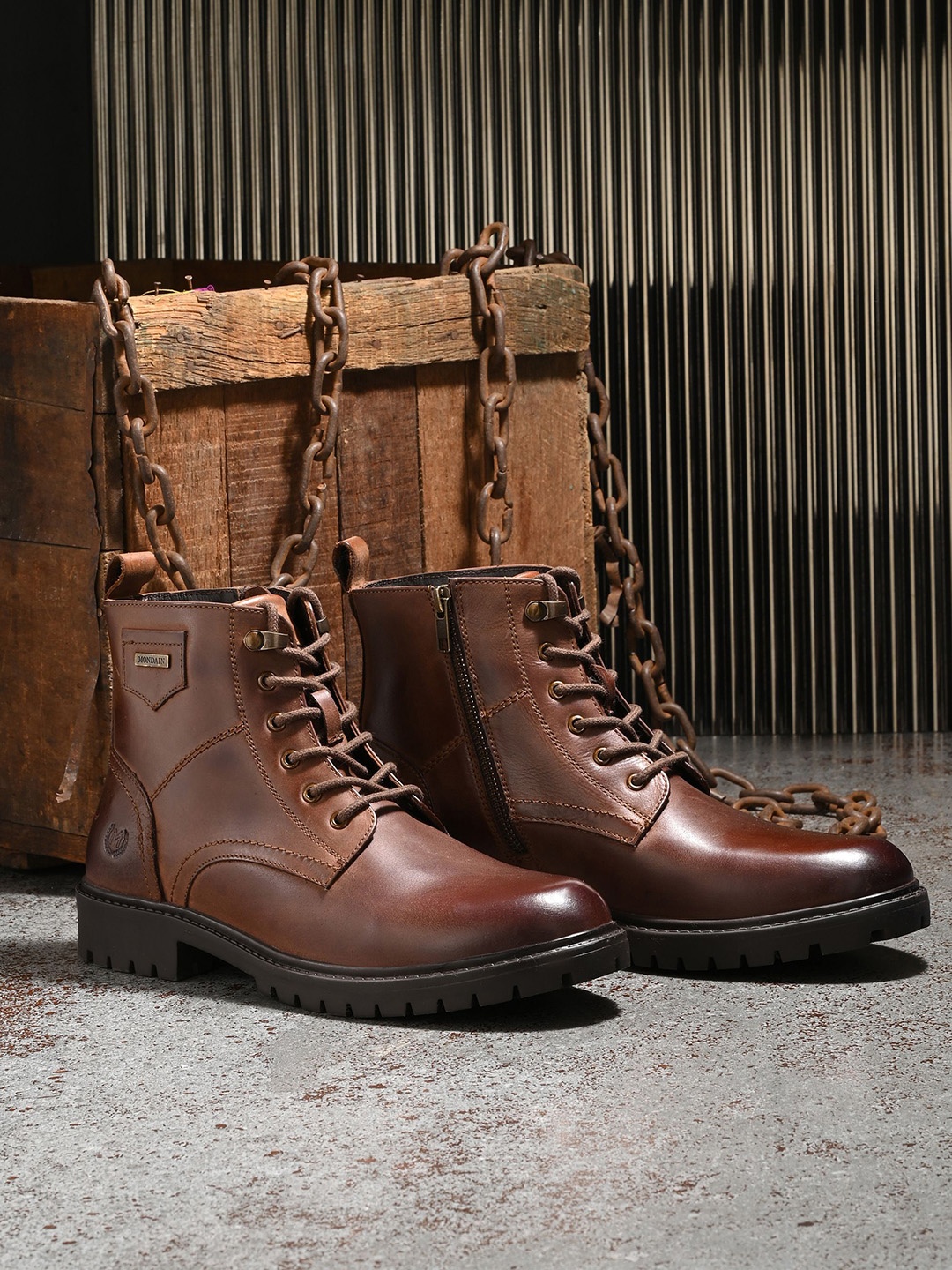 

MONDAIN Men Genuine Leather Solid High-Top Ankle Lace-Ups Boots, Brown