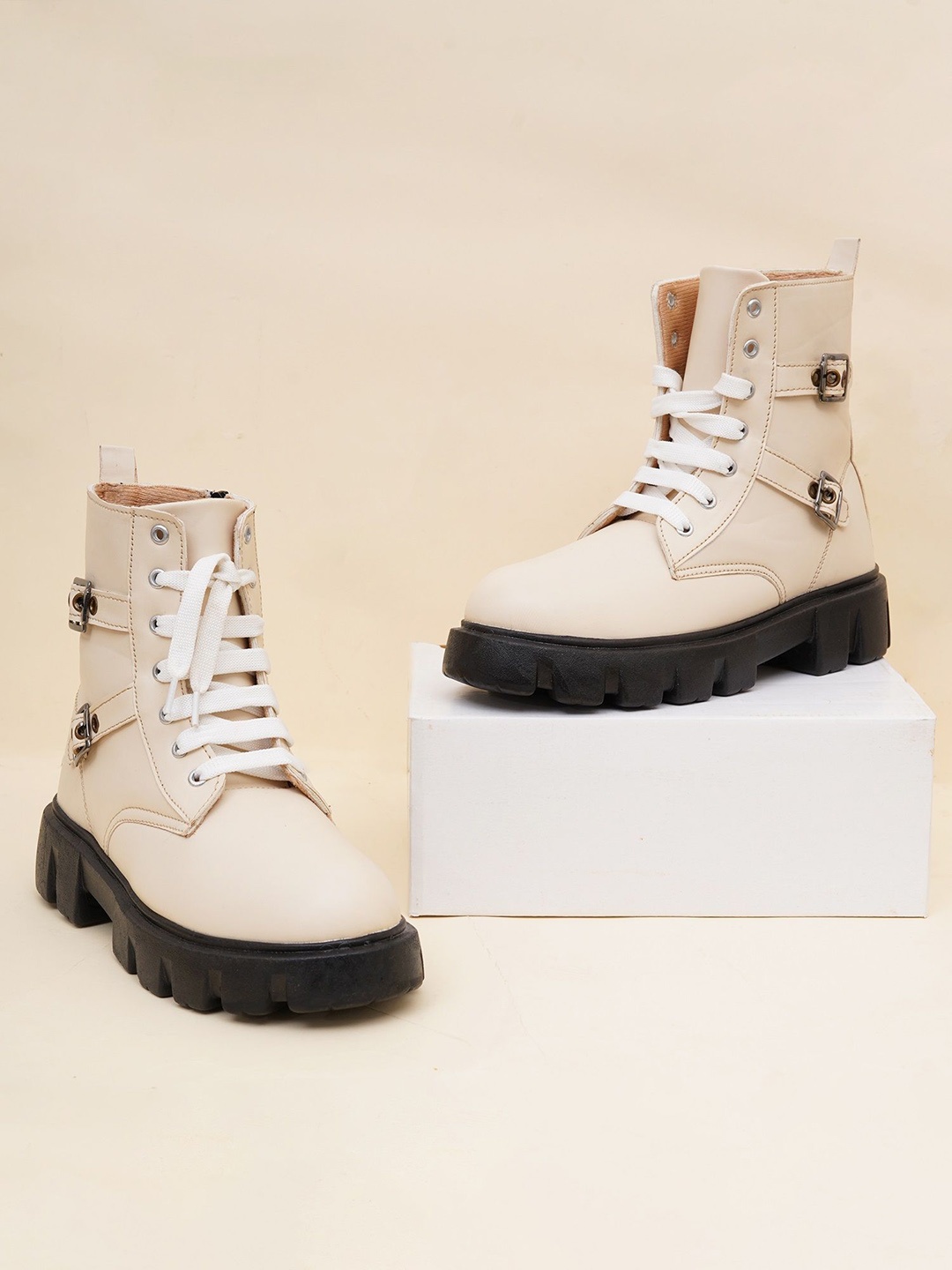 

Try Me Women Lace-Up Block-Heeled Boots, Beige
