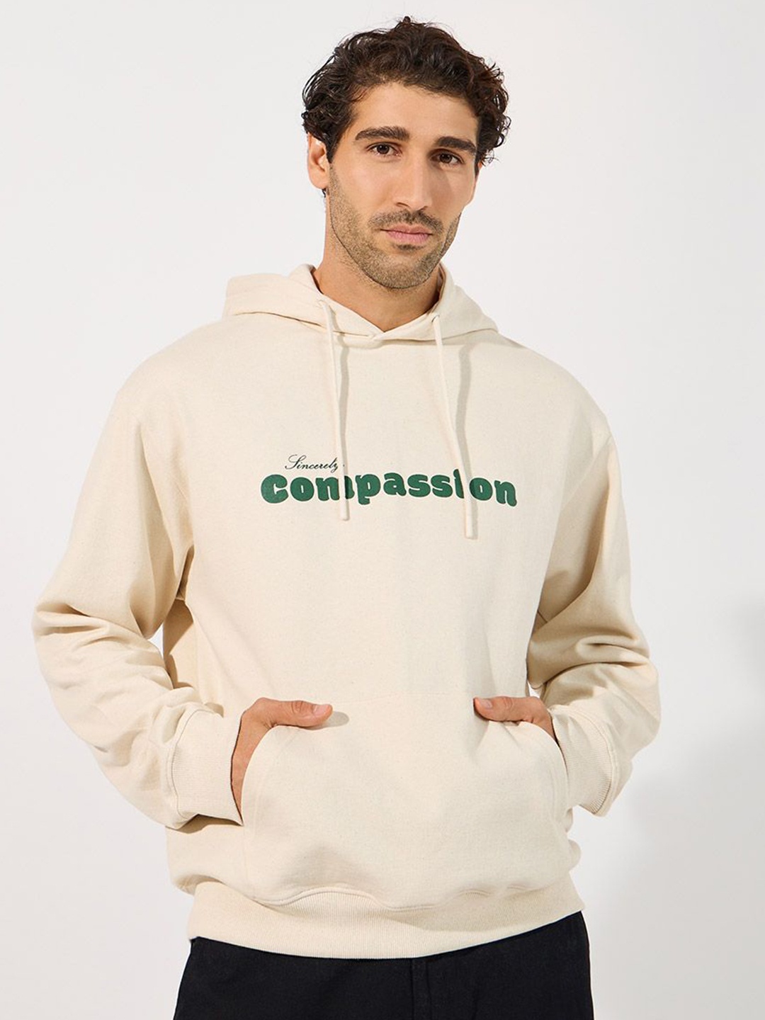 

Styli Relaxed Fit Compassion Slogan Printed Hooded Pullover Sweatshirt, Cream