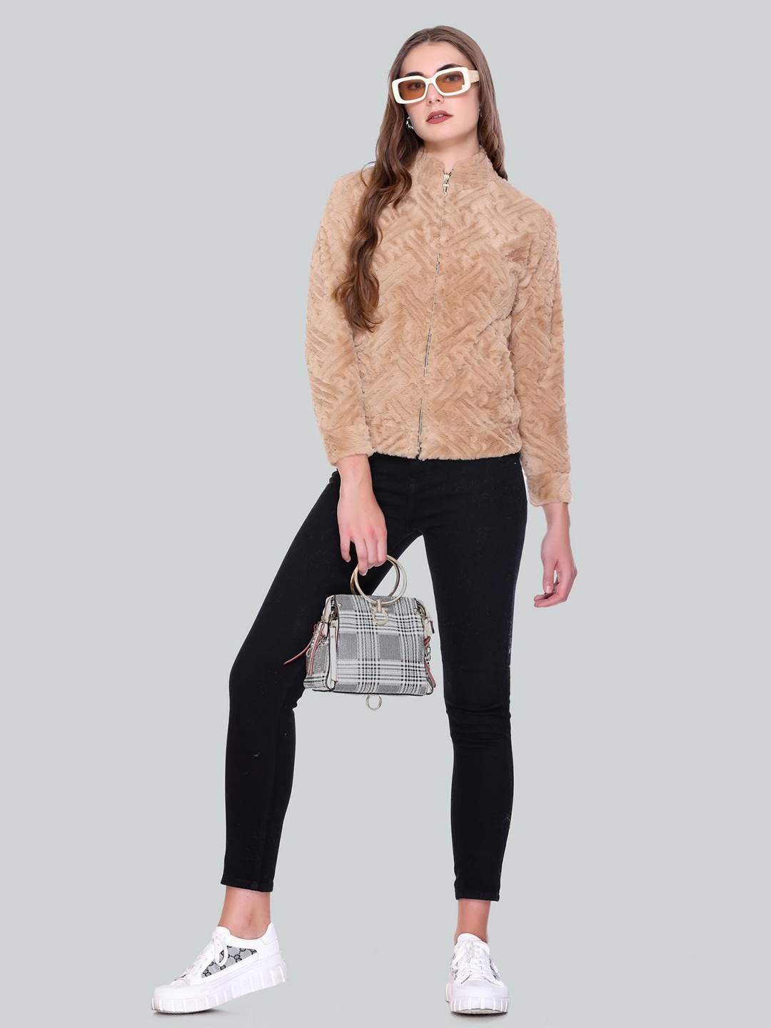

Pink Marie Women Self Design Mock Collar Sweatshirt, Brown