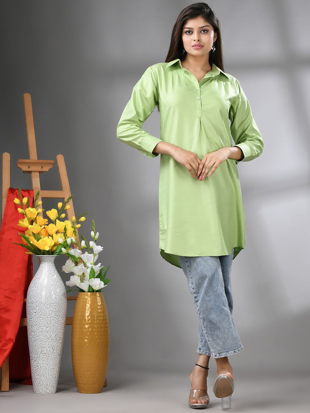 

Charukriti Shirt Collar Longline Tunic, Green