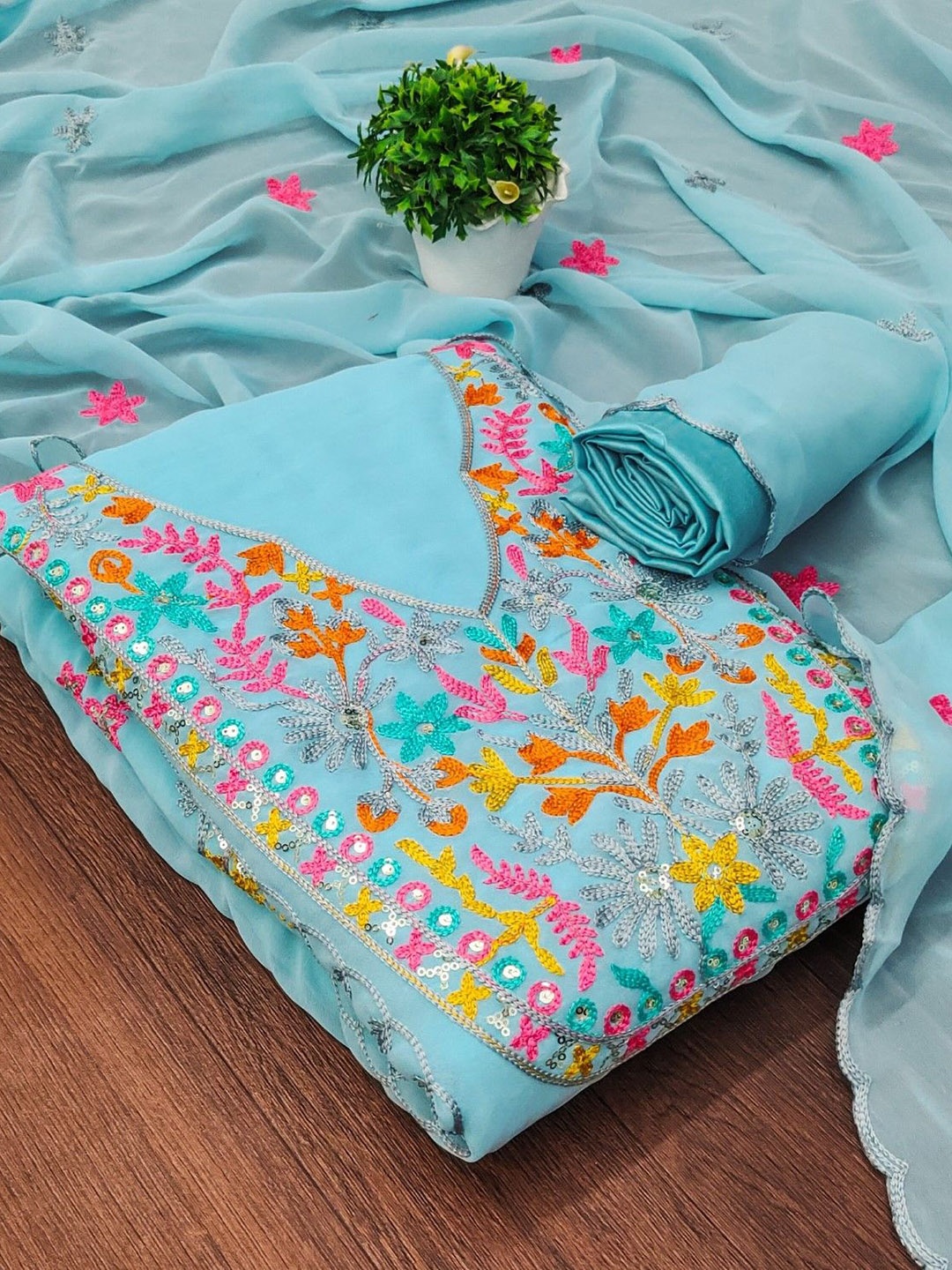 

KALINI Embroidered Unstitched Dress Material, Blue