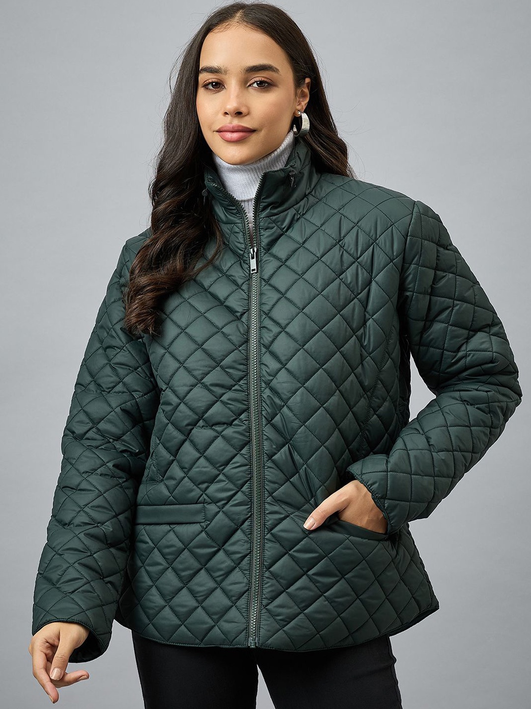 

Club York Women Mock Collar Solid Casual Quilted Jacket, Green