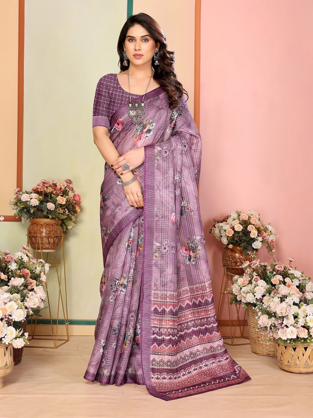 

Sidhidata Floral Printed Chanderi Saree, Purple