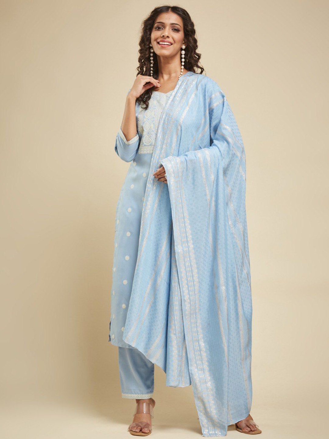 

JULEE Ethnic Motifs Printed Straight Kurta With Trousers & Dupatta, Turquoise blue