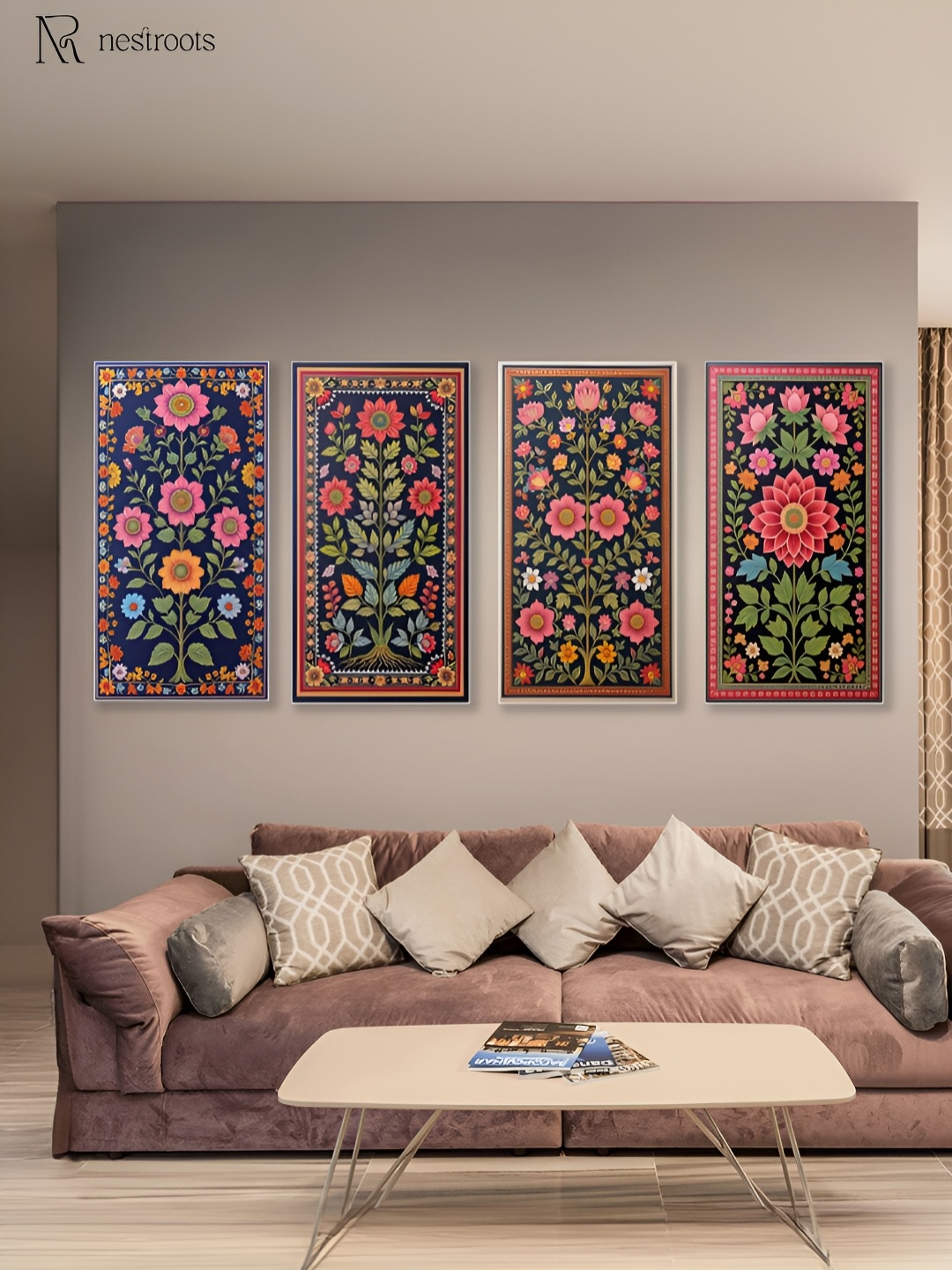 

nestroots Blue & Green 4 Pieces Vibrant Floral Tapestry Series Printed Canvas Wall Art