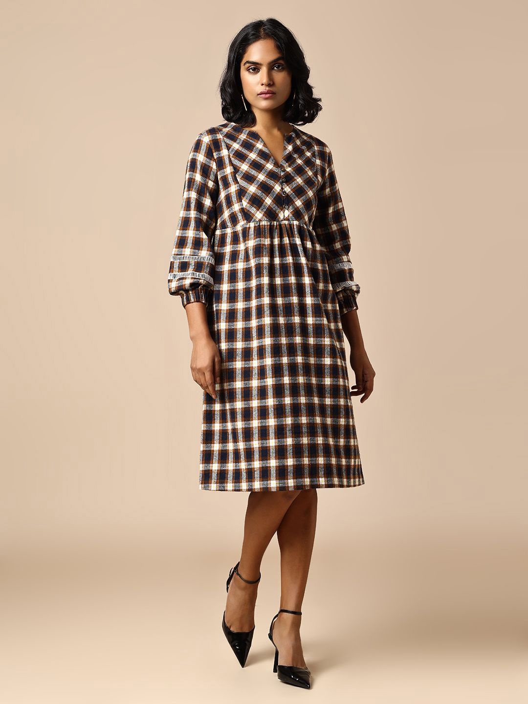 

Chemistry Women Checked Cotton A-Line Dress, Brown