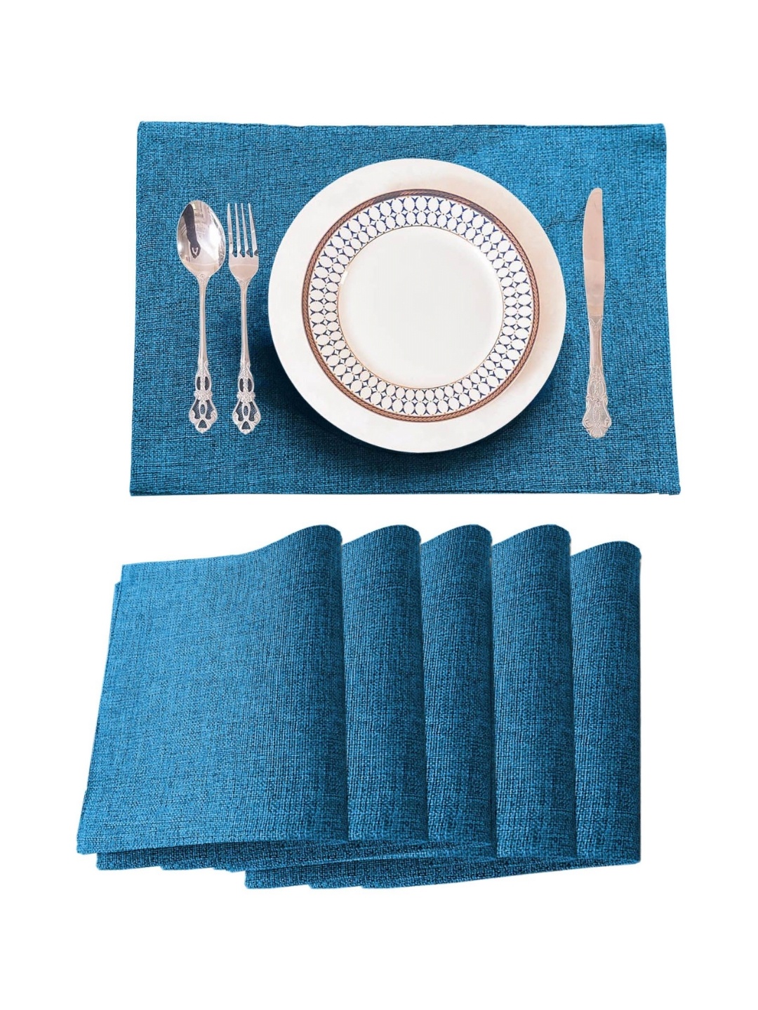

Lushomes Turquoise Blue 6 Pieces Textured Jute Table Placemats