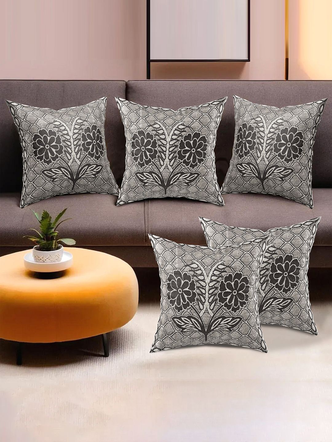 

Kuber Industries Black & Grey 5 Pieces Floral Square Cushion Covers