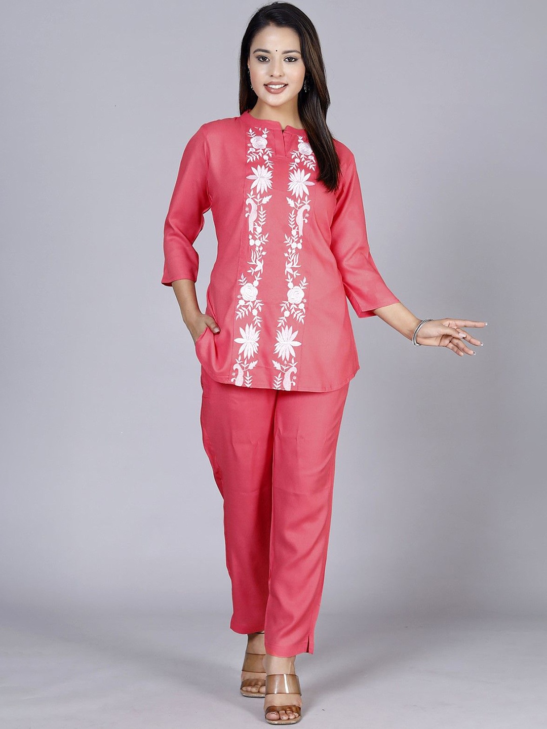 

ANTU KURTIES Floral Embroidered Tunic With Trousers, Coral